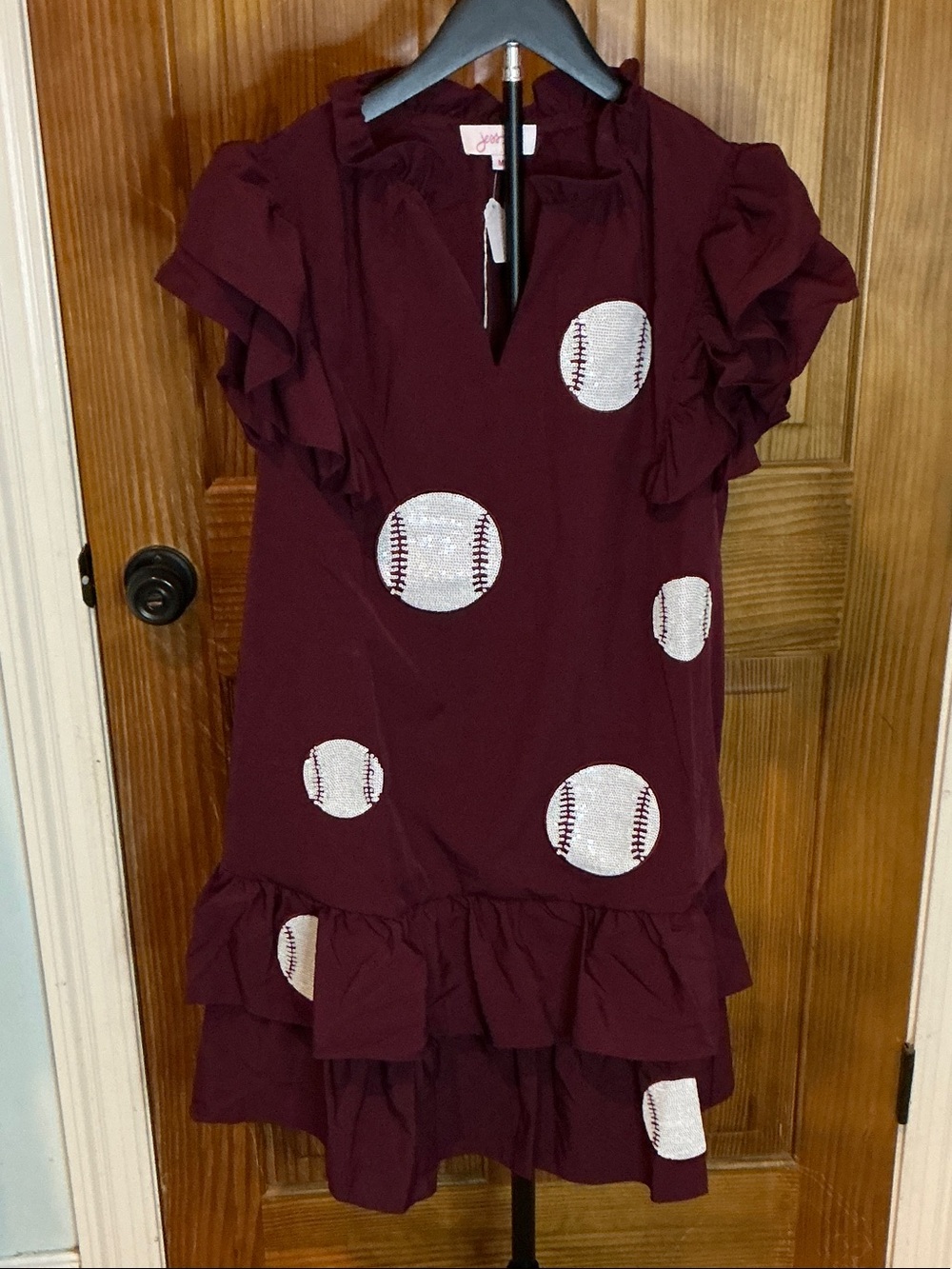 Maroon Ruffle Mini Dress with Baseball Appliqués
